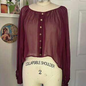 WILSTER Retro Sheer 1990s Poet Slv CROP Cropped Silky Tunic Blouse Shirt *SMALL*